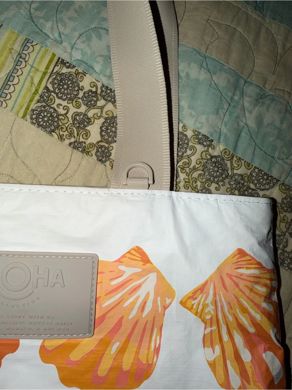 ALOHA Collection White Tote with Orange Shell Print and Beige Straps